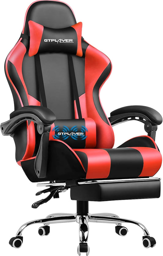 GTPLAYER Game chair massage, gaming office chair ergonomic with footrest, adjustable headrest and lumbar support, height adjustable, Red leather variant