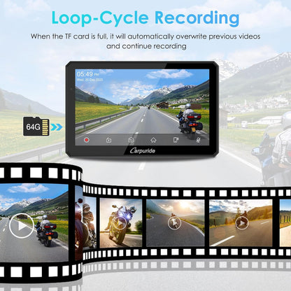 Motorfiets Carplay Scherm – Motor GPS Display – Motor Touchscreen – Draadloze Smartphone Integratie – Motor Dashcam Systeem – 7 Inch Waterdicht IPS Touchscreen – Dubbele 1080P HD Dashcams Voor en Achter