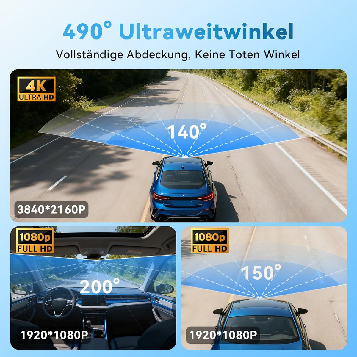 Dashcam Auto, 3 kanaalvoordeuren binnen 4K + 1080P + 1080P Dashcam, 490° Weitwinkel-Rundumbescherming, Auto Camera met 64 GB SD-kaart, 3,16 inch, nachtzicht, WDR, WiFi, G-sensor, loop-opname
