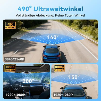 Dashcam Auto, 3 kanaalvoordeuren binnen 4K + 1080P + 1080P Dashcam, 490° Weitwinkel-Rundumbescherming, Auto Camera met 64 GB SD-kaart, 3,16 inch, nachtzicht, WDR, WiFi, G-sensor, loop-opname