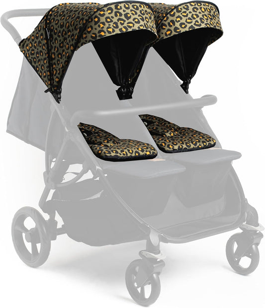 Roma Gemini Duowandelwagen (Kleurenpakket): Compact, Zitjes Naast elkaar, Pasgeboren, 69 cm breed, 22 kg per zitje, Magnetisch harnas, Eenvoudige montage, 102 cm duwstang Khaki Luipaard