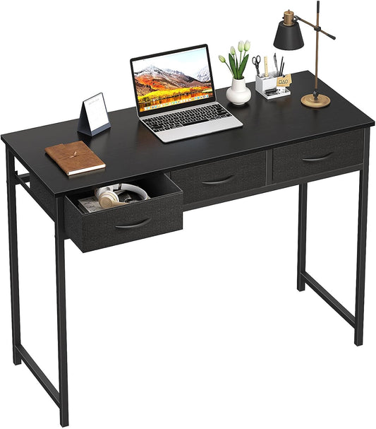 WOHOMO Computerbureau met laden, 99,8 cm slaapkamerbureau met opbergruimte, thuiskantoorbureau voor kamerruimtes, moderne werk schrijf studie tafels, zwart