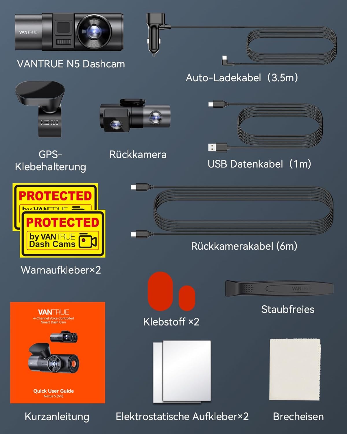 VANTRUE N5 4-kanaals dashcam auto 1944P+3×1080P/30FPS, STARVIS 2, 360° voor achter 5GHz wifi, spraakgestuurde dashcam met GPS, dubbele HDR+ WDR, 24 uur. Bufferparkeermodus, dubbel IR, max. 512G