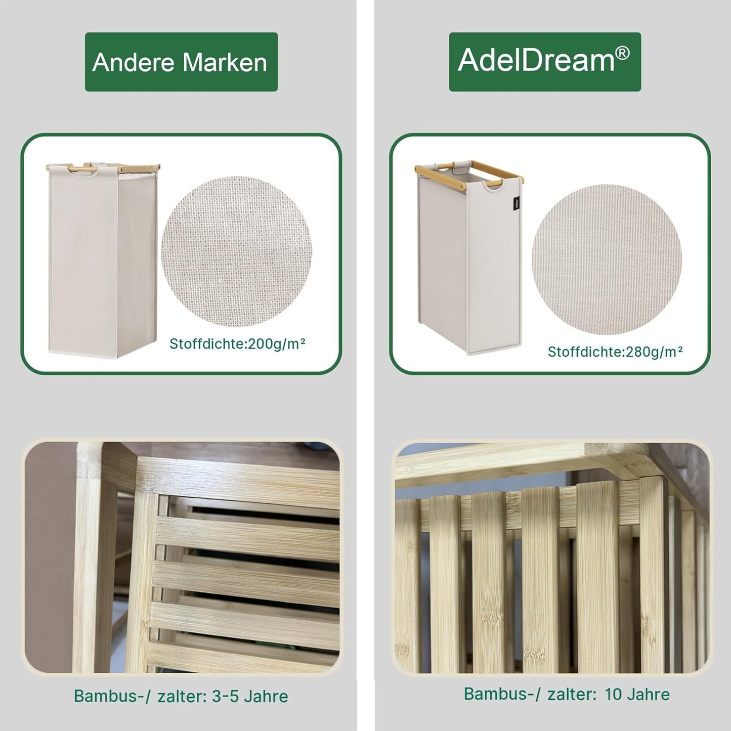 AdelDream Premium wasmand 200 liter, wassorteerder met 4 vakken en 2 planken, bamboe wasmand met uittrekbare en afneembare waszak, lichtgrijs