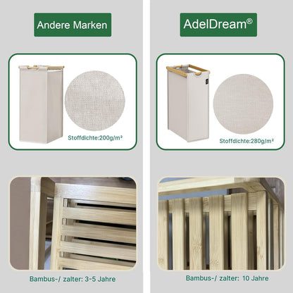 AdelDream Premium wasmand 200 liter, wassorteerder met 4 vakken en 2 planken, bamboe wasmand met uittrekbare en afneembare waszak, lichtgrijs