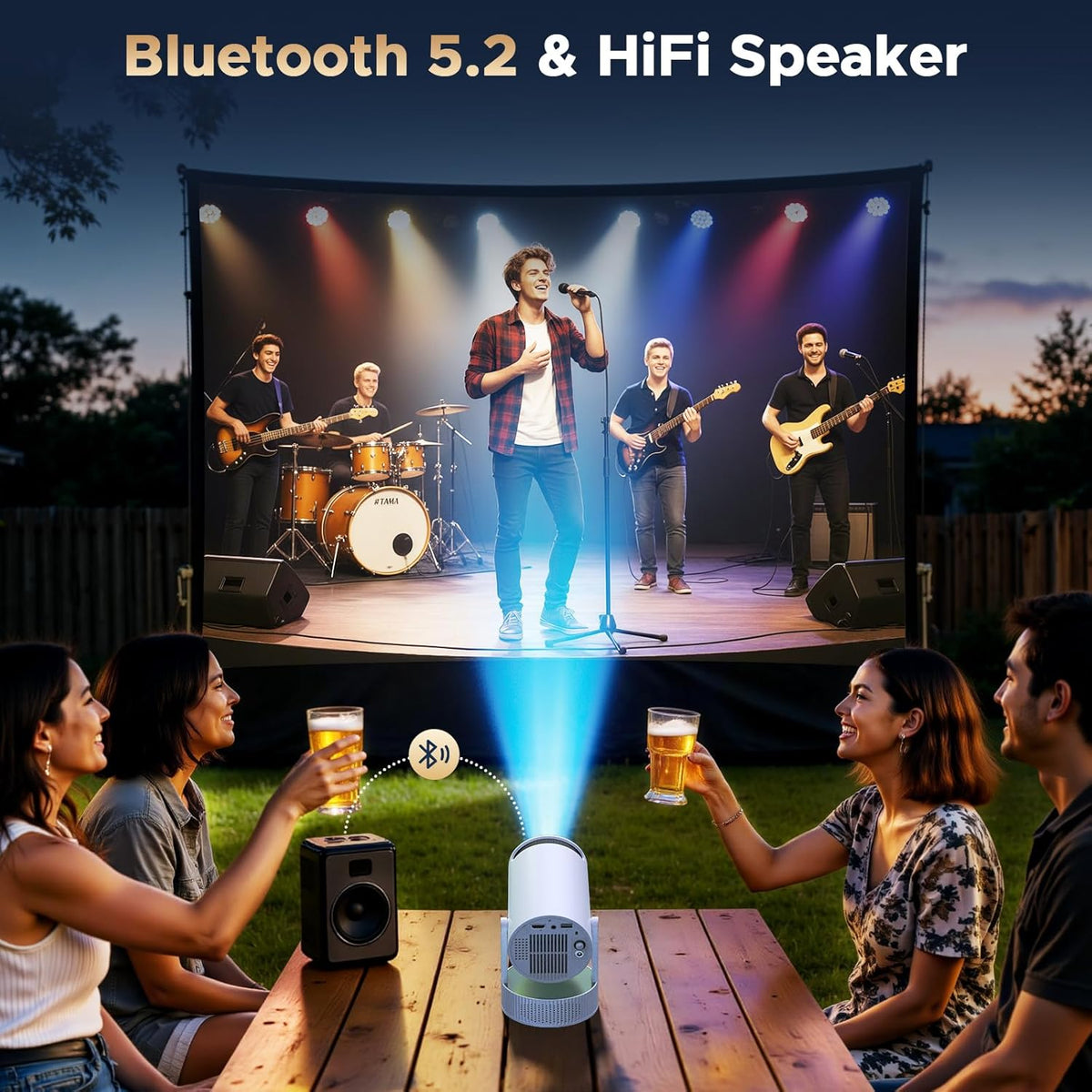 Beamer met accu, mini-projector ondersteuning 4K resolutie, 220° rotatie, geïntegreerde luidspreker en bluetooth-projector, Auto Keystone WiFi6 beamer projector voor thuisbioscoop slaapkamer