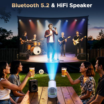 Beamer met accu, mini-projector ondersteuning 4K resolutie, 220° rotatie, geïntegreerde luidspreker en bluetooth-projector, Auto Keystone WiFi6 beamer projector voor thuisbioscoop slaapkamer