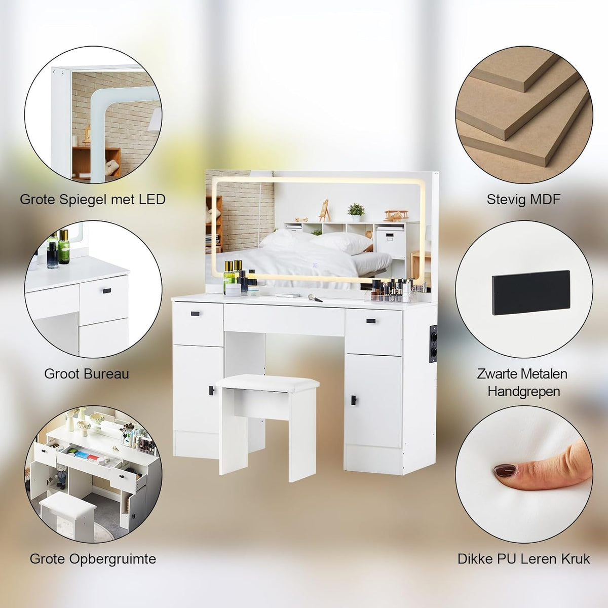 CLIPOP Dressing Table with Large Mirror and 12 LED Lights Hollywood, Adjustable Brightness, Dressing Table with 7 Drawers and Stool, Modern White Makeup Table Set (DR-0457) - QUORE