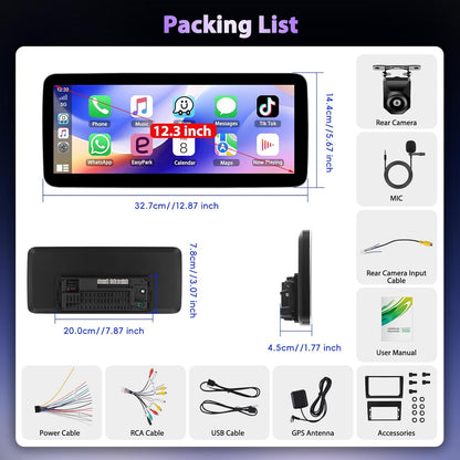 2 Din 4G + 128G autoradio 12,3 inch 1280P stereo radio met Android 15 systeem, A-pple Carplay Android Auto GPS Bluetooth 5.0 WiFi FM/RDS 2USB inclusief AHD-camera voor achteruitrijcamera