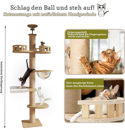 Krabpaal met plafondspanner, kamercapsule, kattenhangmat, volledig omwikkeld met sisaltouw, breedte 11 cm, krabpaal tot plafond (240 ~ 250 cm, 265-275 cm)
