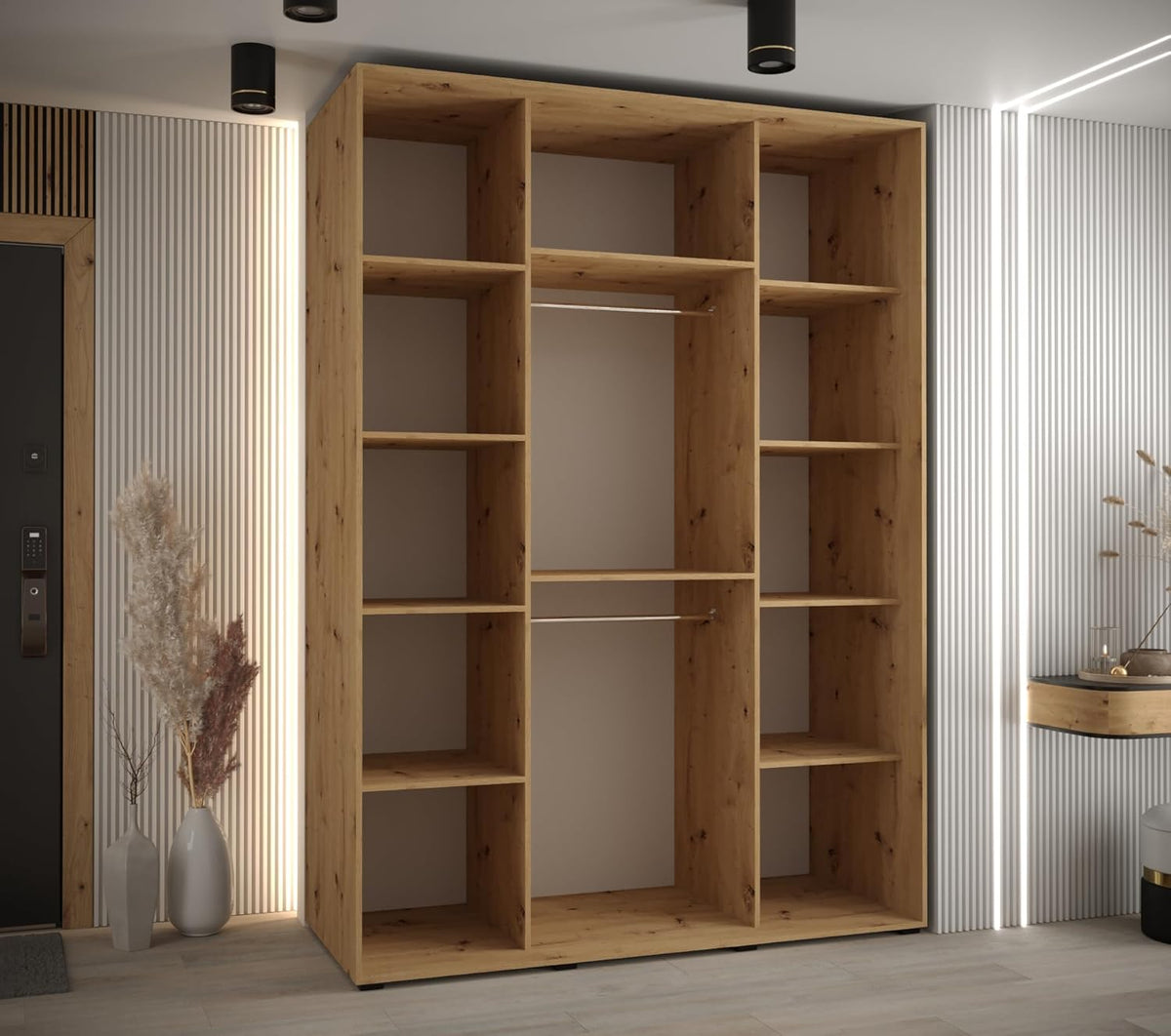 MEBLE KRYSPOL Lanko 2 Wardrobe with Three Sliding Doors with Mirror, Rod, Shelves - Modern Storage Cabinet for Bedroom, Living Room - 235x180x60cm - Craft Black - QUORE