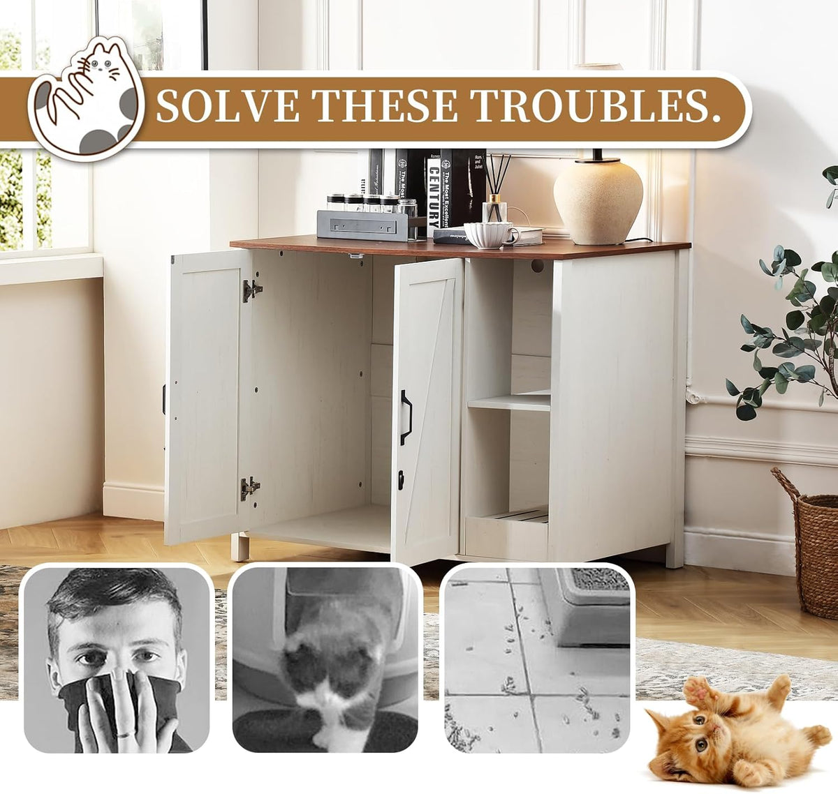 Kattenbakkast – Kattenbakmeubel – Kattenbakverstopper – Kattenbakkast – Kattenbakkastje – Grote Afmeting 105x68x89 cm – Verstelbare Opbergrek & Kattenbakverzamelaar – Wit