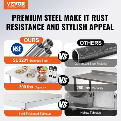 VEVOR Stainless Steel Work Table, 1220 x 610 x 850 mm, Silver - for Family Kitchen, Garage, Commercial Kitchen, Restaurant, Coffee Shop, Laboratory