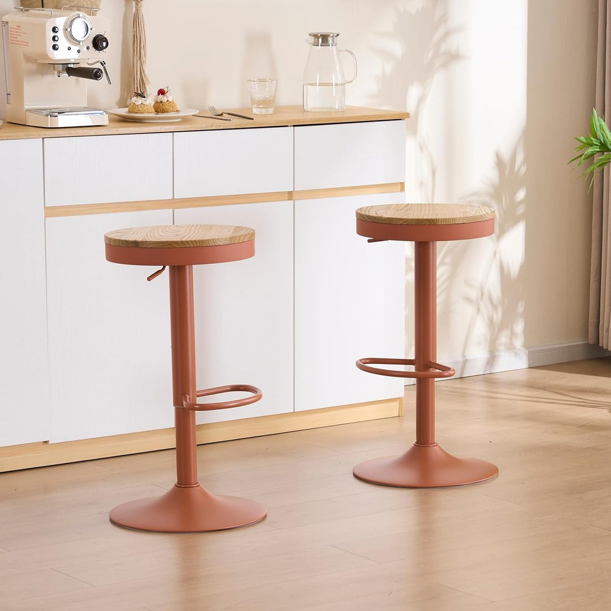 YOUNIKE Barkruk, set van 2, hout, in hoogte verstelbaar, draaibaar, barkruk, keukenkruk, hoogte barstoelen met voetensteun, voor bar, keuken, draaikruk van massief metaal, terracotta