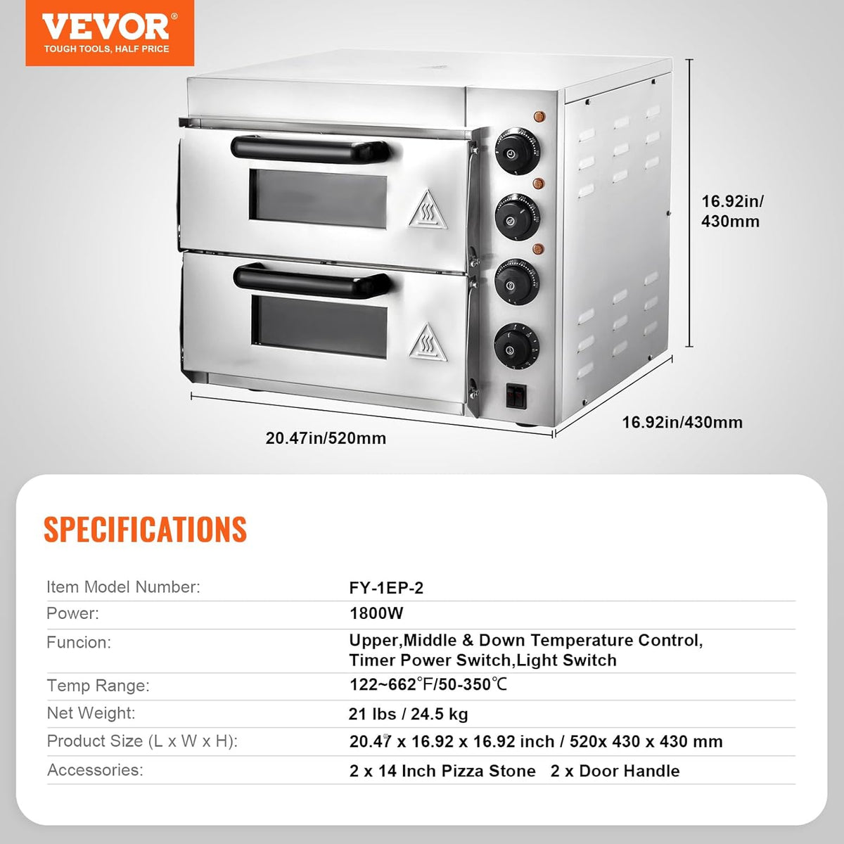 VEVOR Elektrische pizzaoven, 35 cm, elektrische oven, 2 pizzaplanken van roestvrij staal met pizzasteen, multifunctionele pizzaoven voor binnen, restaurant, koken, thuis, keuken