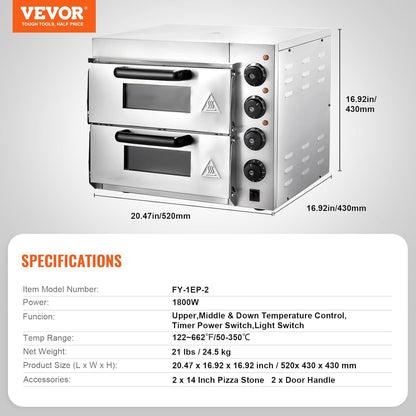 VEVOR Elektrische pizzaoven, 35 cm, elektrische oven, 2 pizzaplanken van roestvrij staal met pizzasteen, multifunctionele pizzaoven voor binnen, restaurant, koken, thuis, keuken