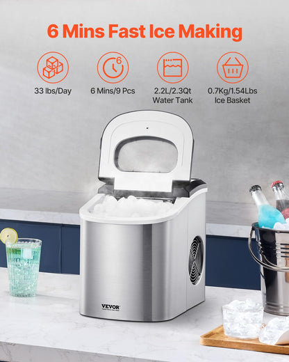 VEVOR Ice Cube Maker, 9 Ice Cubes in 6 Minutes, 15 kg in 24 Hours Portable Self Cleaning with Scoop and Ice Basket for Home, Kitchen, Office, Bar - QUORE