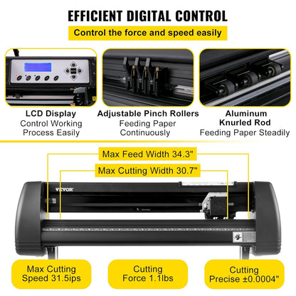 VEVOR Vinyl snijplotter 870 mm, led-snijplotter, nauwkeurige handmatige positionering, software ondersteunt MAC- en Windows-systemen, instelbare kracht en snelheid, voor het maken van etiketten