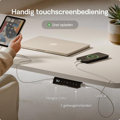 Desktronic HomeOne Desk - Height Adjustable 160 x 80 cm - Fast Twin-Motor Stand Desk - Very Stable Electric Standing Desk - One-Piece Table Top Standing Desk - Touch Screen Control - QUORE