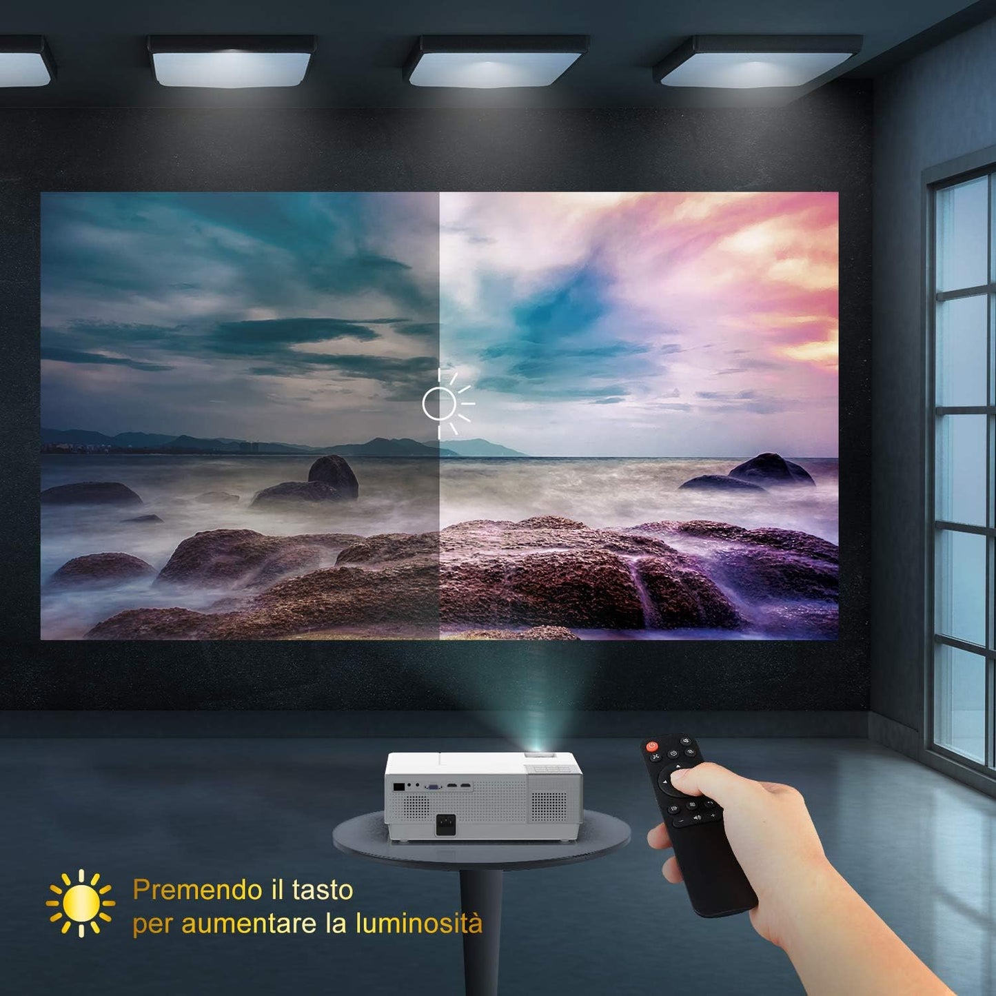 YABER Projector, 7200 lumen projector 1080p native (1920 x 1080) ± 50° trapeziumcorrectie led full HD 350 inch thuisprojector voor iPhone, smartphone, pc, tvbox, laptop, PS4
