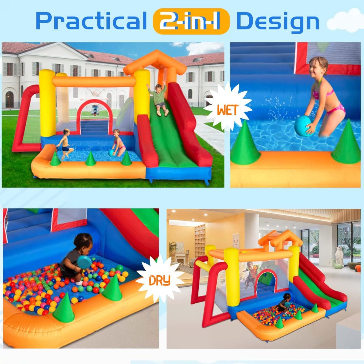 Springkasteel met ventilator, springkasteel voor kinderen, indoor, cadeaus voor kinderverjaardagsfeestjes, 343 x 280 x 203 cm