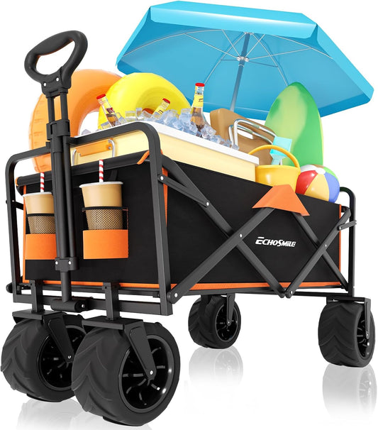 EchoSmile Bolderkar, opvouwbaar, 200 liter, 160 kg belastbaar, handwagen, transportwagen, inklapbaar met verstelbare handgreep en zijzakken, brede wielen, voor alle terrassen, strandwagen, tuinwagen