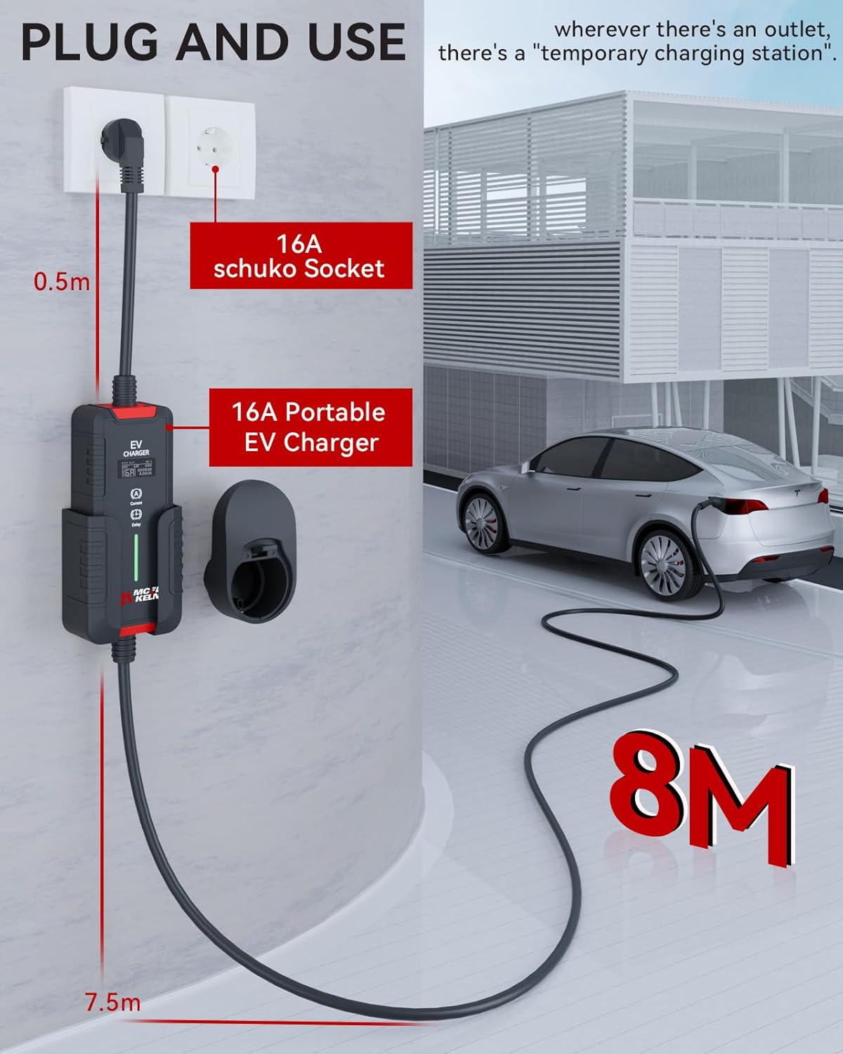Oplader Type 2 – Elektrische Autolader – EV Oplaadkabel – Laadkabel – EVSE Kabel – 3,6 kW Met Schuko – Schakelbare Stroom 6-16 A – IP65 Waterdicht – 8 Meter Kabel Met Draagtas