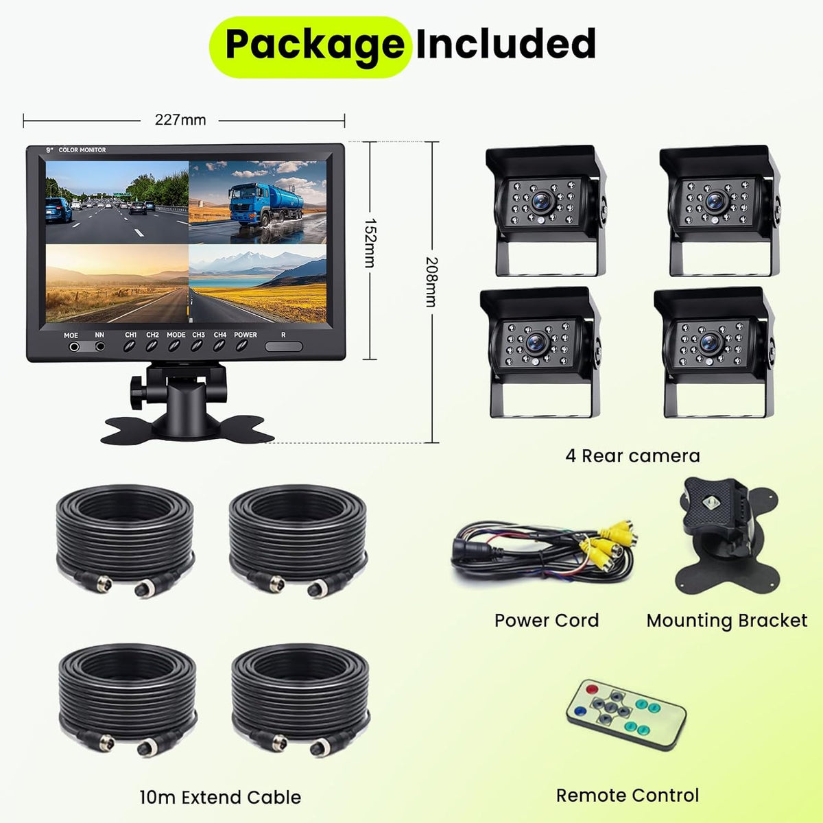 Podofo Vans RV achteruitrijcamera set, 9" monitor met 4 camera's, 4-kanaals videosysteem, IP68 nachtzicht, geschikt voor vrachtwagens/campers/auto's.