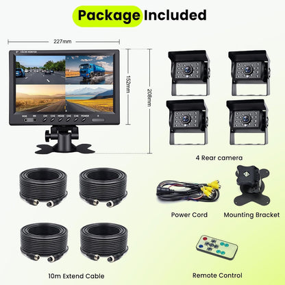 Podofo Vans RV achteruitrijcamera set, 9" monitor met 4 camera's, 4-kanaals videosysteem, IP68 nachtzicht, geschikt voor vrachtwagens/campers/auto's.