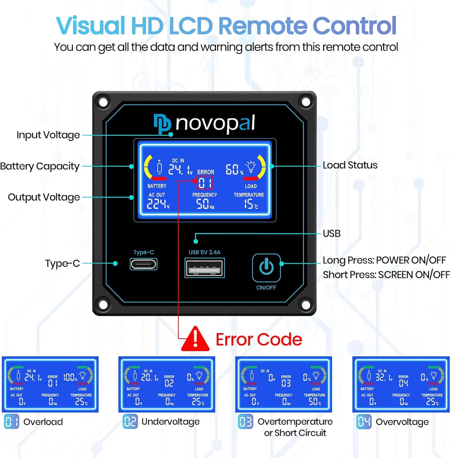 NOVOPAL spanningsomvormer 24V 230V omvormer 1500W spanningsomvormer puur sinus beeldscherm LCD met een USB-poort - 5 meter afstandsbediening en twee koelventilatoren voor RV Truck Boat