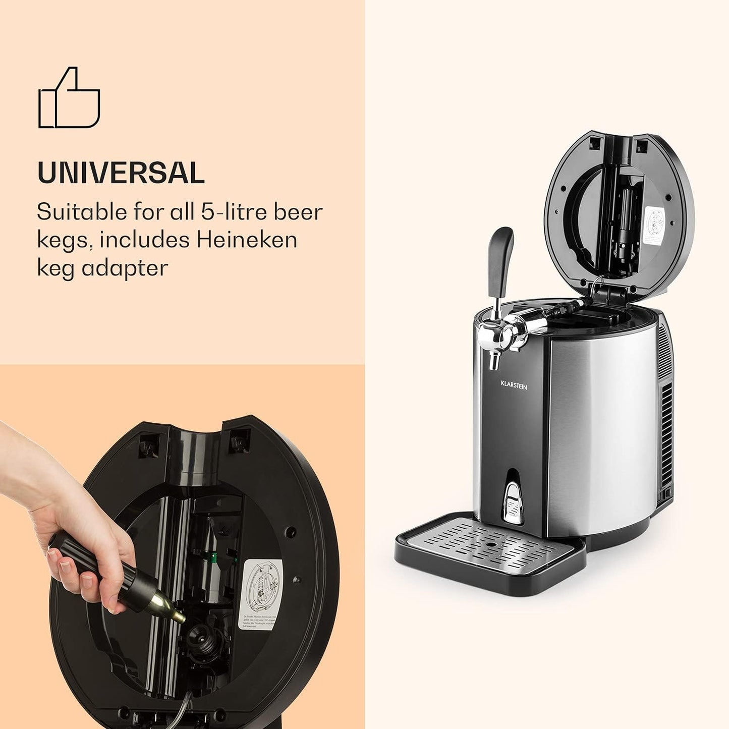 Klarstein Skal Universele biertapinstallatie, tapinstallatie met geïntegreerde bierkoeler, koeling tot 2-12 °C, 5 liter met koeling. Thermo-elektrisch koelsysteem, 38 dB, grijs zilver