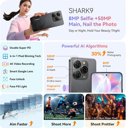 Blackview SHARK 9-5G Android Smartphone 14 24GB+256GB/2TB,50MP+8MP Mobile, 6.67" 90Hz 700nits, Battery 5000mAh, Face ID/Fingerprint/FM/NFC/Super PD/2.7Ghz 8 Cores Free Mobile Phones