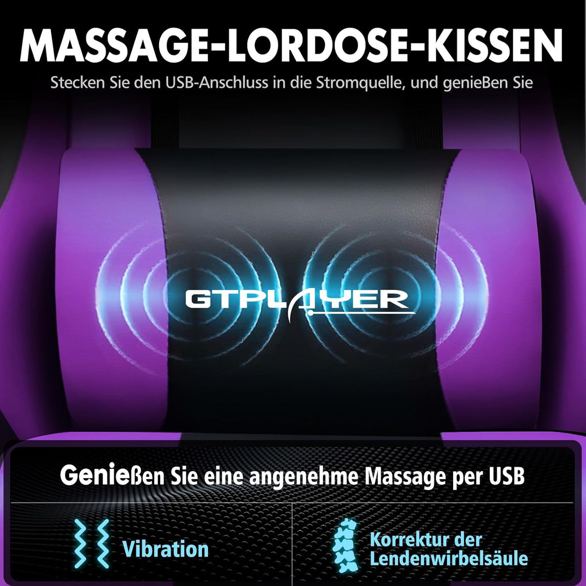 GTPLAYER Gamingstoel, bureaustoel, ergonomische pc-stoel, gamingstoel met massagesteun, task stoelen met voetensteun en hoofdsteun, paars kunstleer