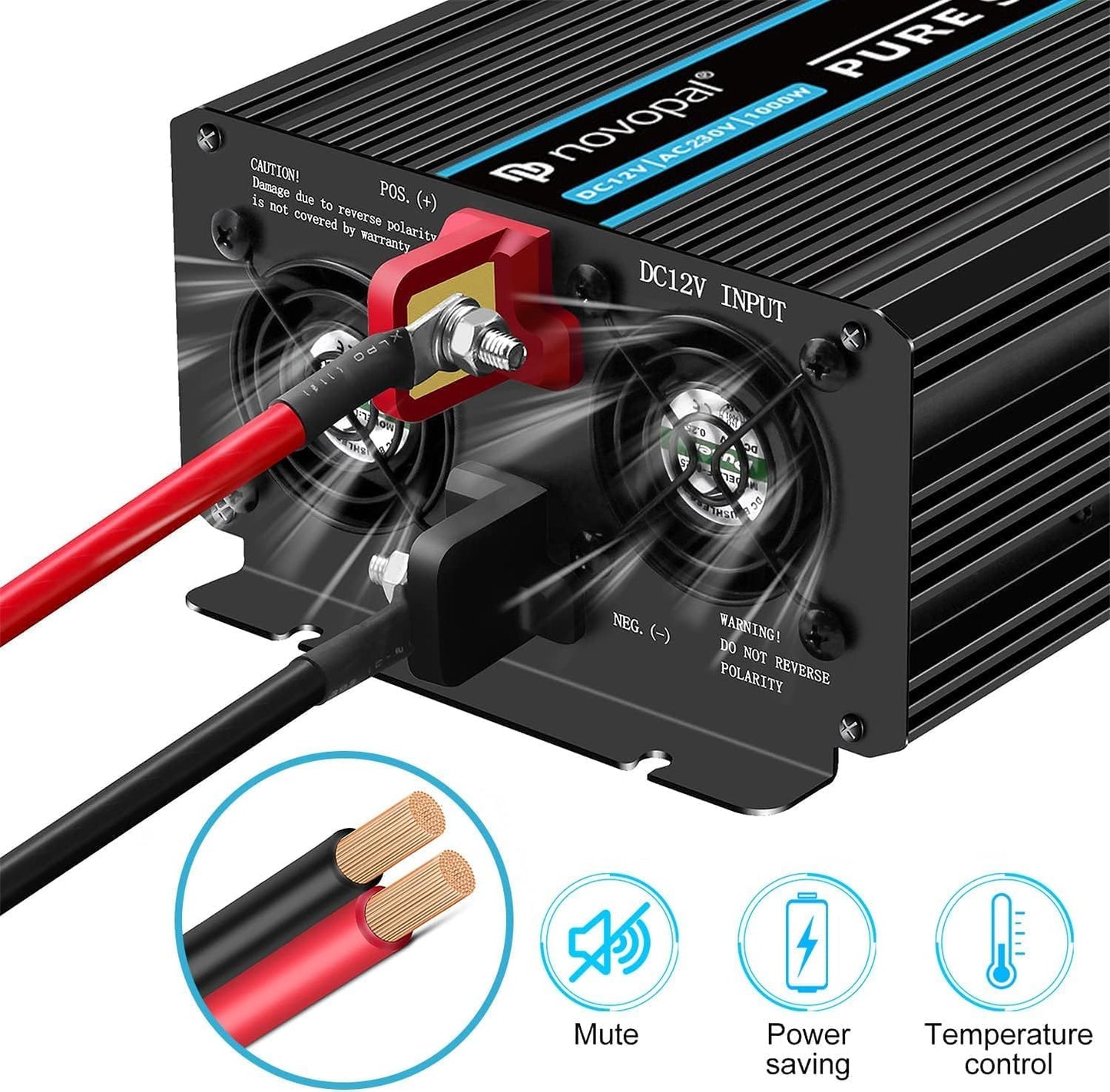 NOVOPAL 1000 W 2000 W auto omvormer spanningsomvormer -12 V 230 V zuivere sinus met 2 EU-stopcontact en USB-aansluiting, afstandsbediening, accukabel en handleiding (mogelijk niet beschikbaar in het