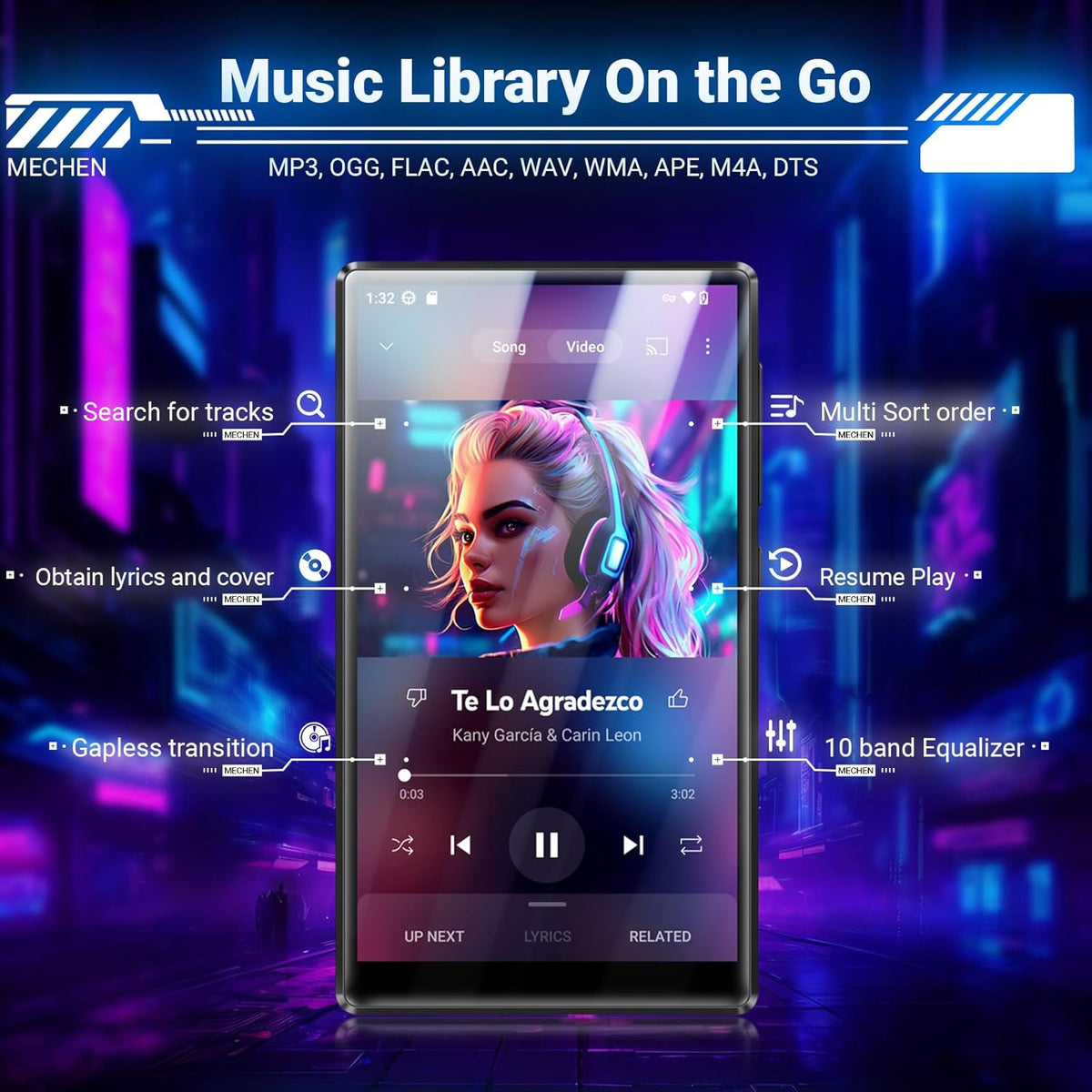 MECHEN 256GB MP3 Player Spotify with Bluetooth WiFi, Android 13 & WLAN Streaming, 5-Inch IPS Screen 1080P, Audible Deezer Amazon Music Pre-Installed - QUORE