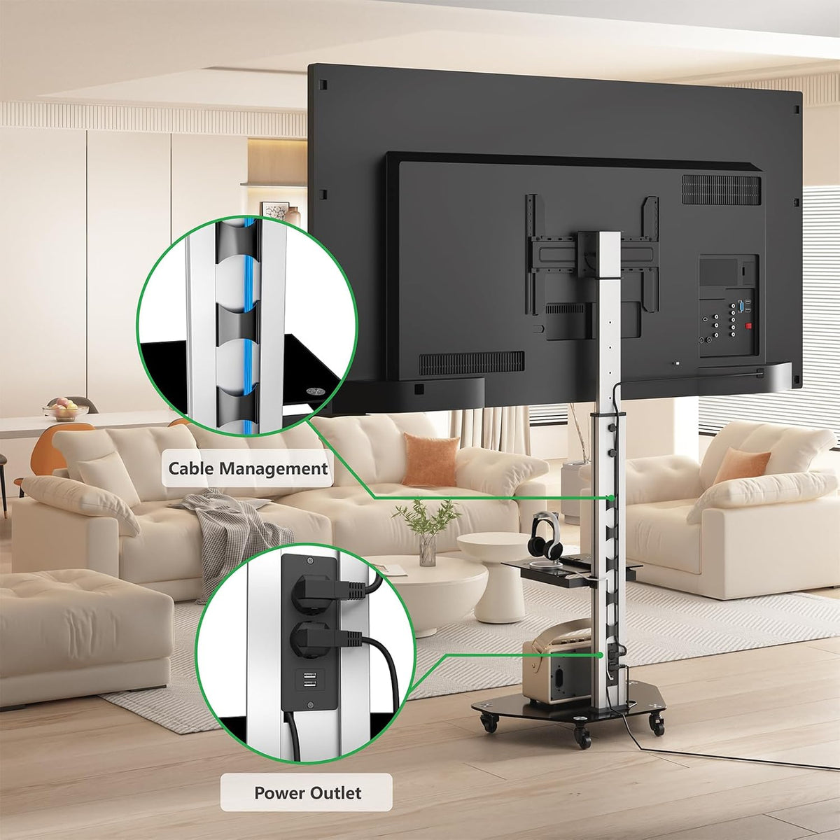 Proton 300 Mobiele tv-standaard met plank, stopcontacten, USB-poorten, hoogte 191 cm, portretformaat 32-75 inch, 40 kg, aluminium zwart