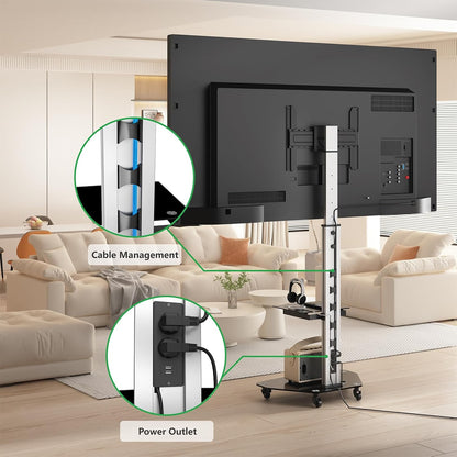 Proton 300 Mobiele tv-standaard met plank, stopcontacten, USB-poorten, hoogte 191 cm, portretformaat 32-75 inch, 40 kg, aluminium zwart