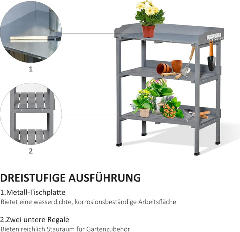 Oppottafel - Tuinwerktafel - Plantentafel -Tuinwerkbankje - met Metalen Haken - Schuiflade - 2 Niveaus - Bloementafel - voor Tuin - Sparrenhout -76 x 37 x 89 cm - Grijs