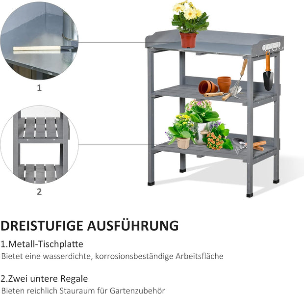 Oppottafel - Tuinwerktafel - Plantentafel -Tuinwerkbankje - met Metalen Haken - Schuiflade - 2 Niveaus - Bloementafel - voor Tuin - Sparrenhout -76 x 37 x 89 cm - Grijs