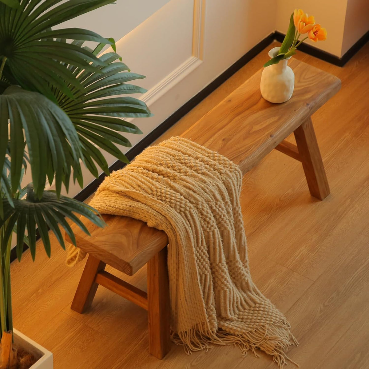Massief houten bank van 160 cm, rustieke zitbank van natuurlijk hout, stabiele houten bank voor hal, eetkamer of slaapkamer