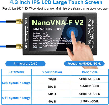 AURSINC NanoVNA-F V2 Vector Network Analyzer 4,3-inch 50KHz-3GHz HF VHF UHF VNA Antenna Analyzer, S-parametermeting, SWR spanning, fase, vertraging, Smith-diagram