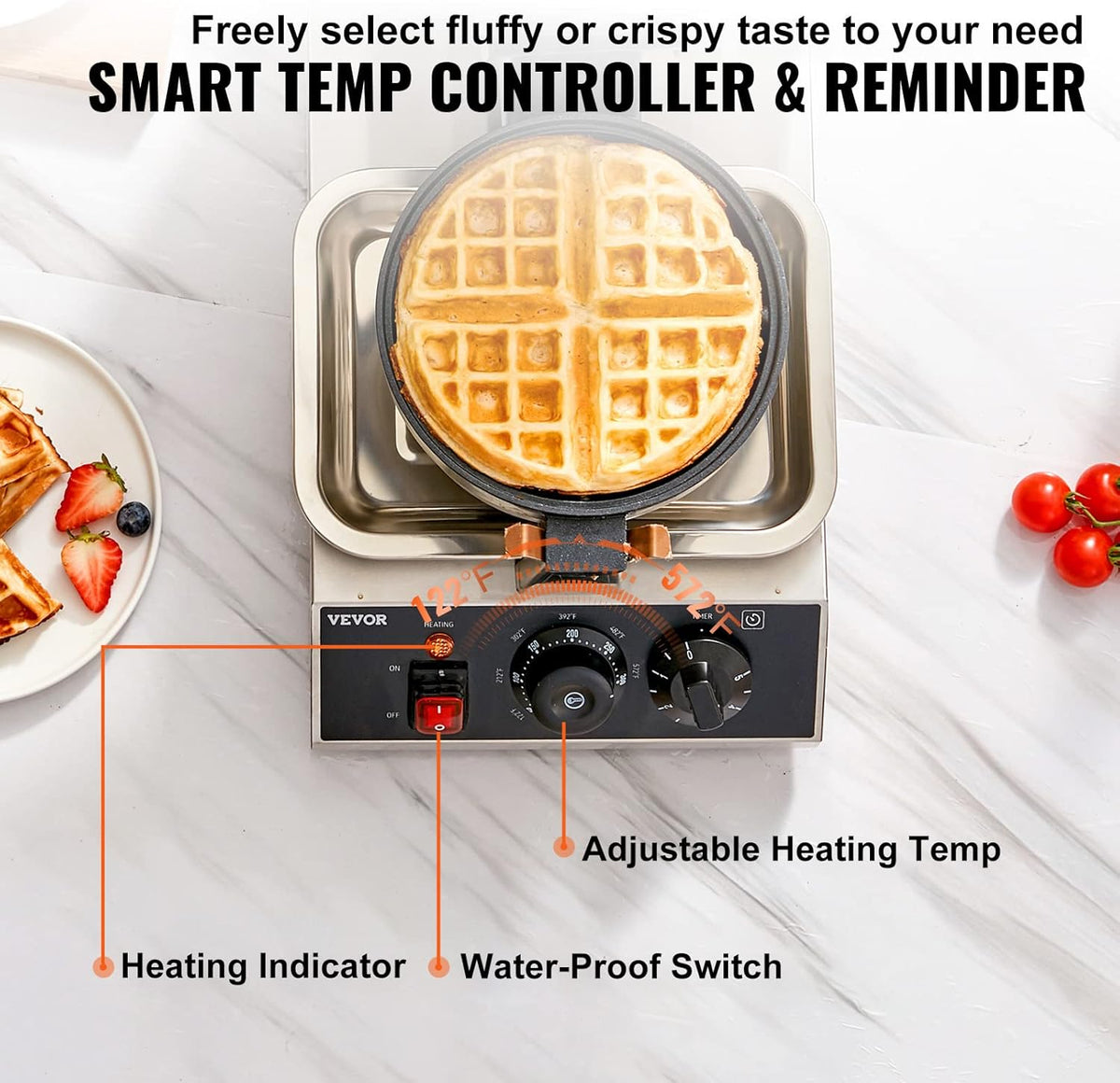 VEVOR Ronde wafelijzer wafel 1300 W, contactgrill Belgisch wafelijzer 4 stuks roestvrij staal wafelautomaat incl. voedselclip & borstels & brandveilig handvat, voor cafés, restaurant enz.