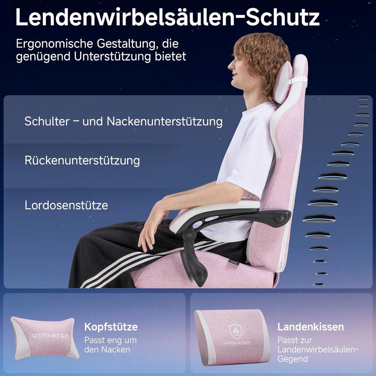 GTPLAYER Ergonomic Linen Gaming Chair with Lumbar Support, Computer Chair with Extended Backrest, Supports up to 150 kg, Pink - QUORE
