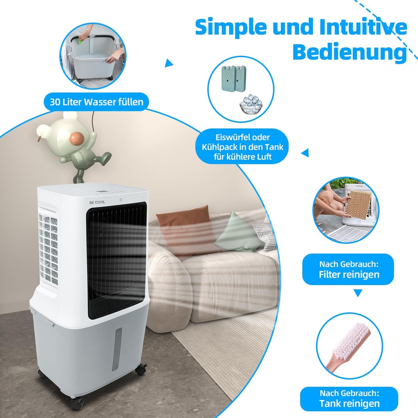 BE COOL BC30ACP2501W Luchtkoeler, waterreservoir van 30 liter, 120 W, wifi-bediening, 1800 m³/h luchtcirculatie, 15 m bereik, droogluchtfunctie, led-display, timer, afstandsbediening
