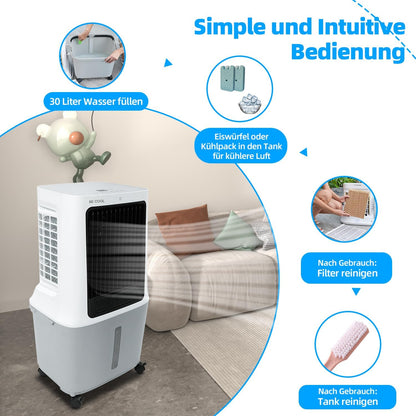 BE COOL BC30ACP2501W Luchtkoeler, waterreservoir van 30 liter, 120 W, wifi-bediening, 1800 m³/h luchtcirculatie, 15 m bereik, droogluchtfunctie, led-display, timer, afstandsbediening