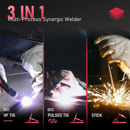 YESWELDER TIG Lasser met Puls 200Amp Groot LED Display, STICK/DC TIG/PULSE TIG 3 in 1 Lasser, HF-boogontsteking, Boogkracht, Hete start, Anti-vastplakken