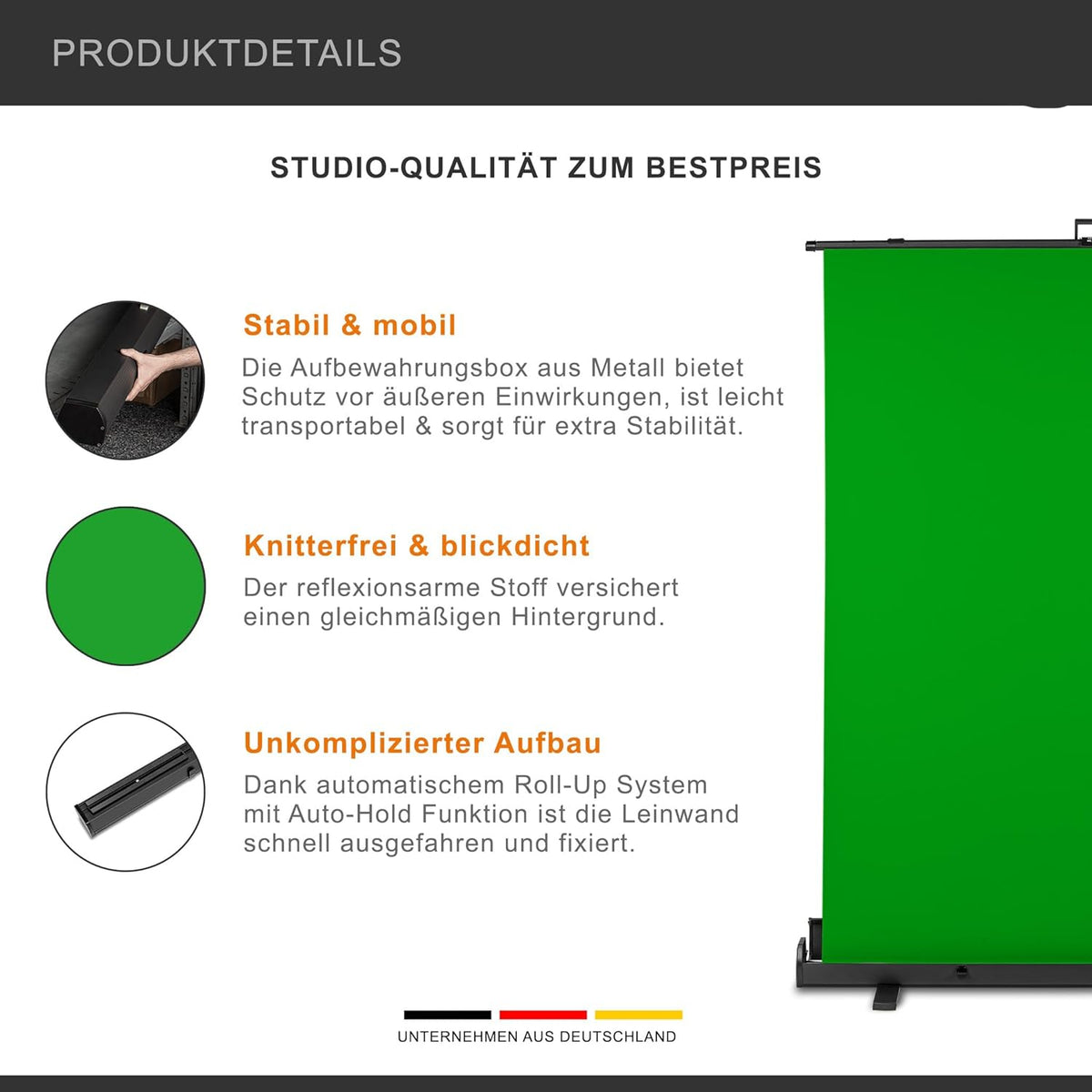 Walimex Pro Roll-Up Panel 165x220 cm green screen met standaard I draagbare, vrijstaande fotoachtergrond voor fotostudio, videochat & streaming I chromakey effect I metalen box voor stabiliteit