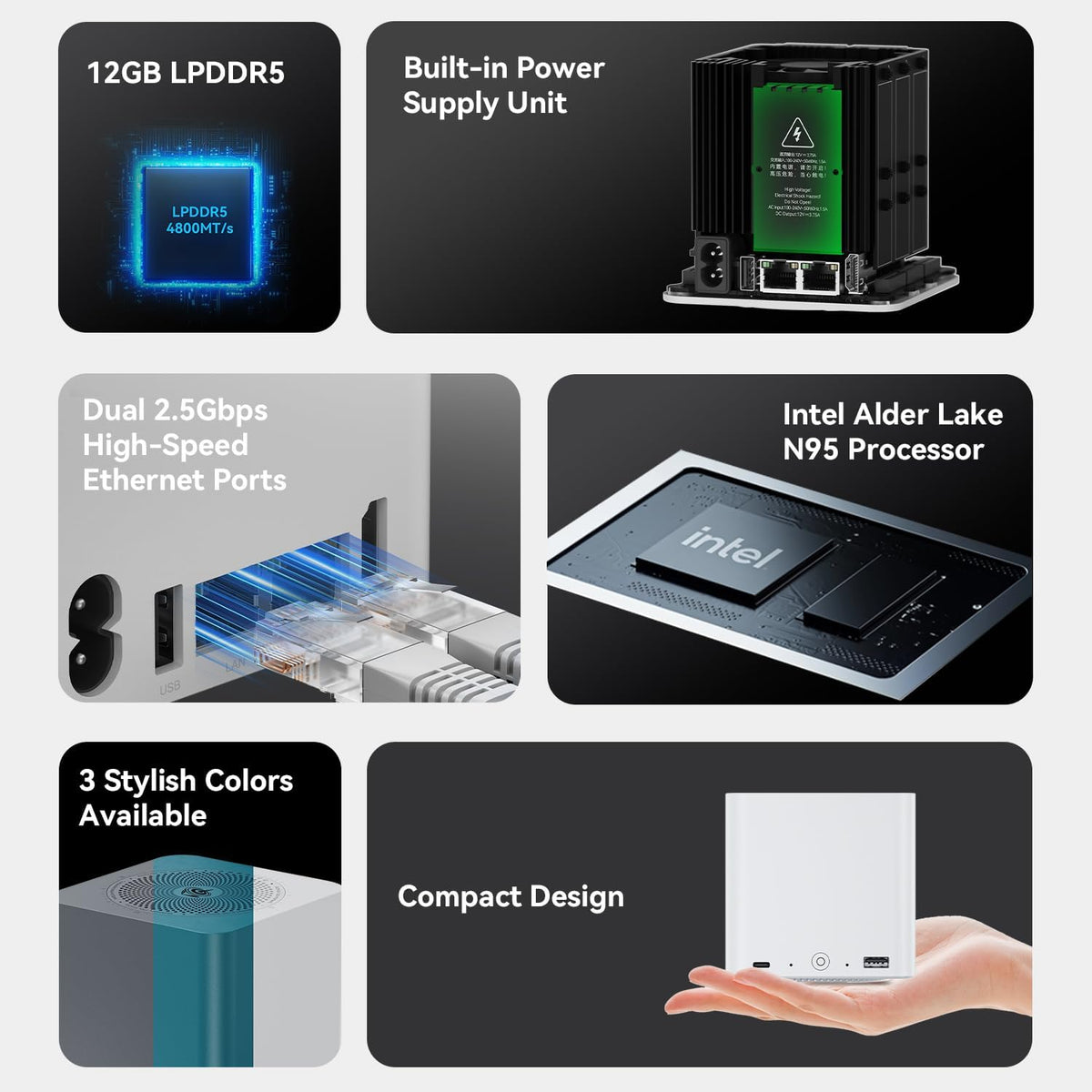 Beelink ME Mini PC, Intel N95 up to 3.6GHz, 12GB LPDDR5, 64GB EMMC, 6x M.2 NVMe, Dual LAN 2.5G, HDMI, WiFi 6, BT 5.2, USB-C/Compact NAS/Office