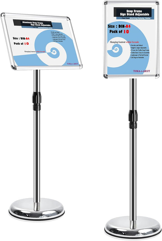 A4 Informatiestandaard – Posterhouder – Posterstandaard – Informatiehouder – Displaystandaard – Set Van 10 Stuks – In Hoogte Verstelbaar 70-120 Cm – 360° Draaibaar Voor Staand En Liggend Gebruik