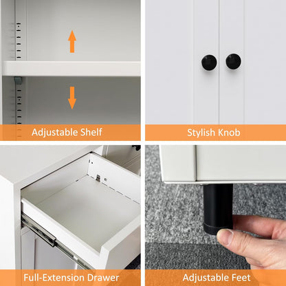 Metalen opbergkast met 2 laden en verstelbare plank, dressoir buffetkast voor thuis, kantoor, hal, entree, woonkamer, keuken bijkeuken en eetkamer (wit) - QUORE